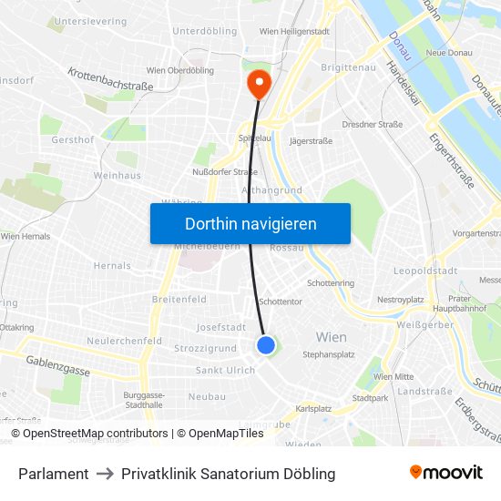 Parlament to Privatklinik Sanatorium Döbling map