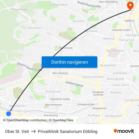 Ober St. Veit to Privatklinik Sanatorium Döbling map