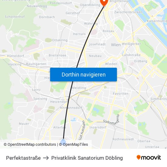 Perfektastraße to Privatklinik Sanatorium Döbling map