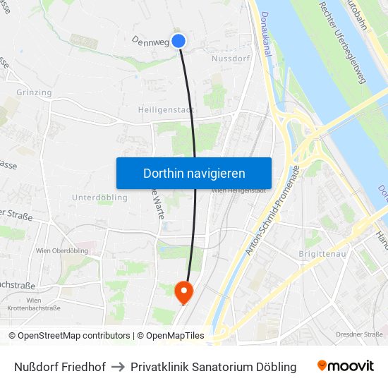 Nußdorf Friedhof to Privatklinik Sanatorium Döbling map