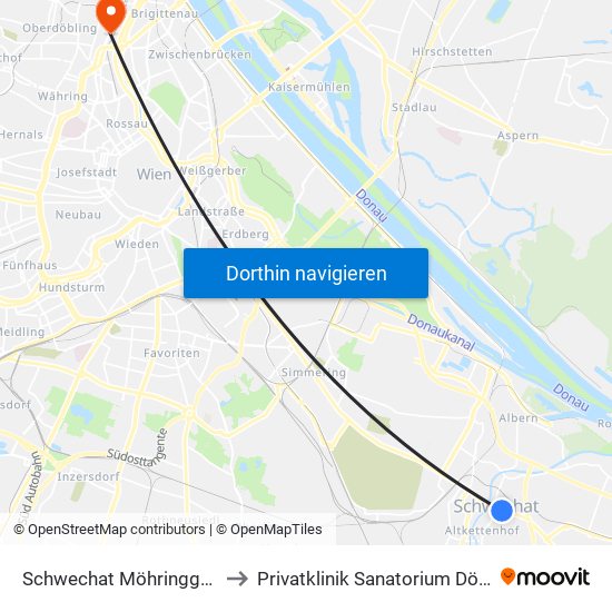 Schwechat Möhringgasse to Privatklinik Sanatorium Döbling map