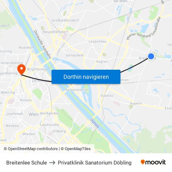 Breitenlee Schule to Privatklinik Sanatorium Döbling map