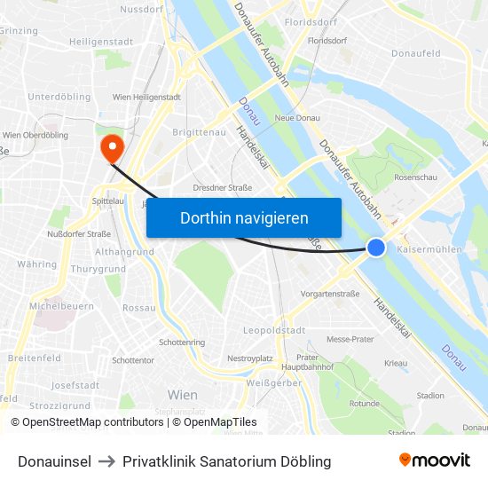 Donauinsel to Privatklinik Sanatorium Döbling map