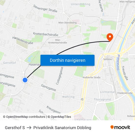 Gersthof S to Privatklinik Sanatorium Döbling map