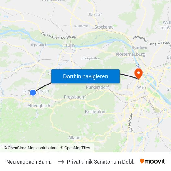 Neulengbach Bahnhof to Privatklinik Sanatorium Döbling map