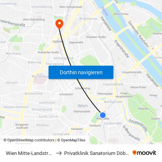 Wien Mitte-Landstraße to Privatklinik Sanatorium Döbling map