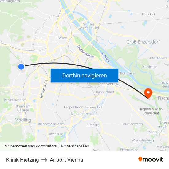 Klinik Hietzing to Airport Vienna map