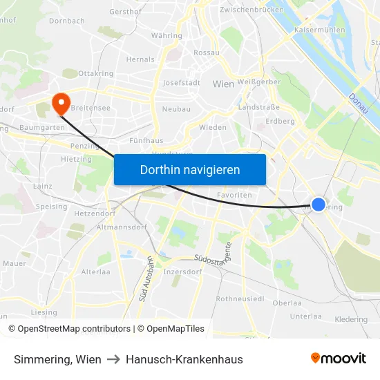 Simmering, Wien to Hanusch-Krankenhaus map