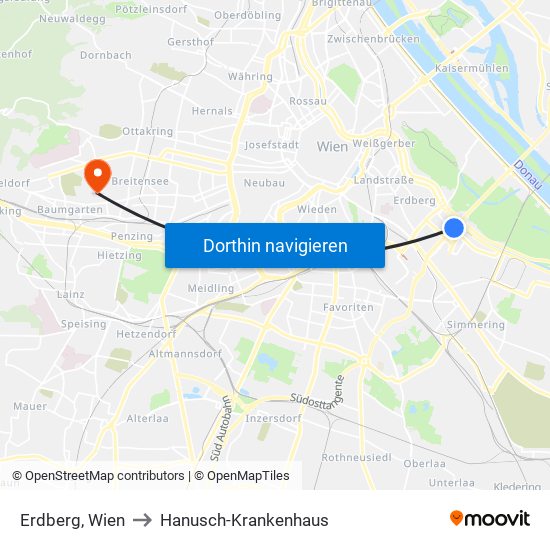 Erdberg, Wien to Hanusch-Krankenhaus map