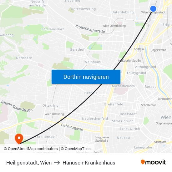 Heiligenstadt, Wien to Hanusch-Krankenhaus map