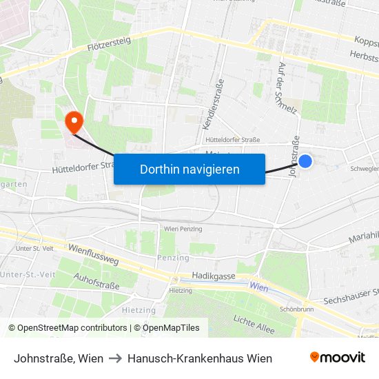 Johnstraße, Wien to Hanusch-Krankenhaus Wien map