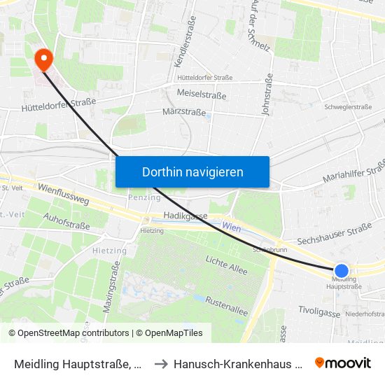 Meidling Hauptstraße, Wien to Hanusch-Krankenhaus Wien map