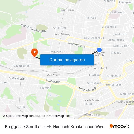 Burggasse-Stadthalle to Hanusch-Krankenhaus Wien map