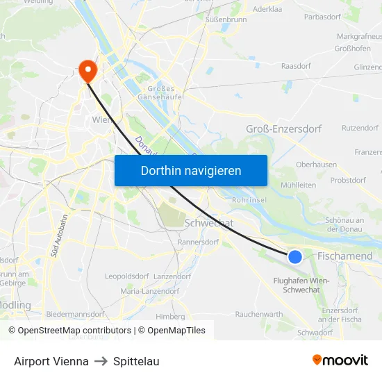 Airport Vienna to Spittelau map