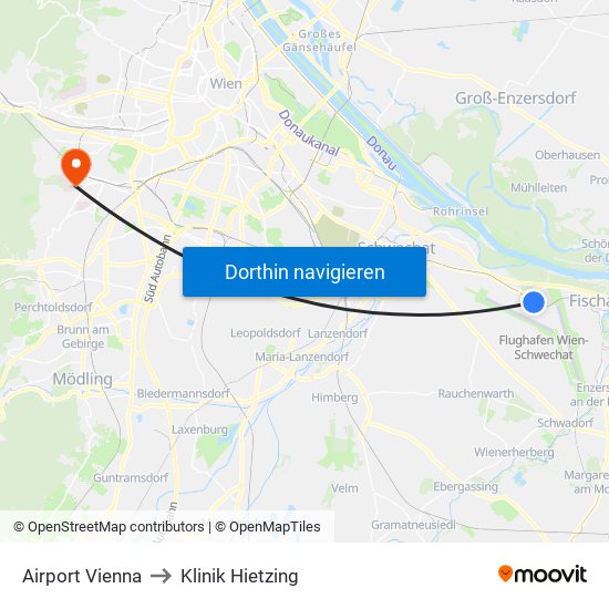 Airport Vienna to Klinik Hietzing map