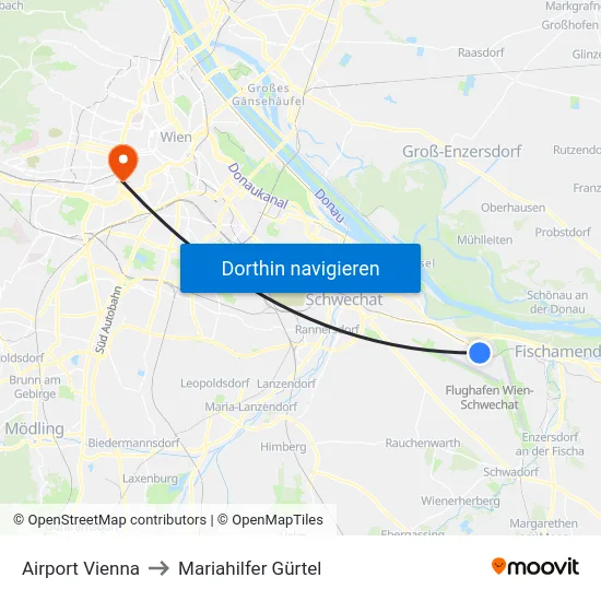 Airport Vienna to Mariahilfer Gürtel map