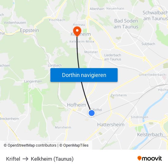 Kriftel to Kelkheim (Taunus) map