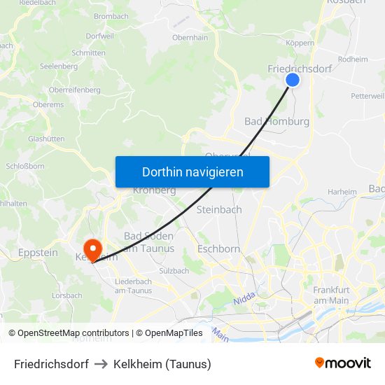 Friedrichsdorf to Kelkheim (Taunus) map