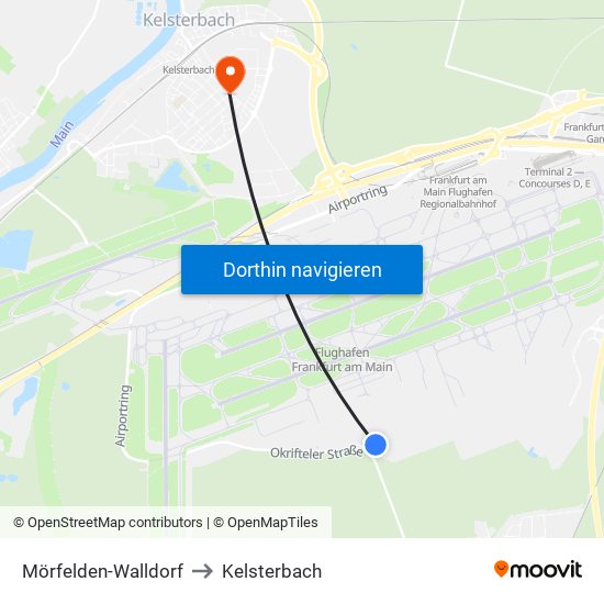 Mörfelden-Walldorf to Kelsterbach map