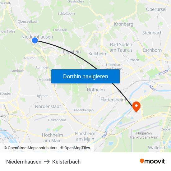 Niedernhausen to Kelsterbach map