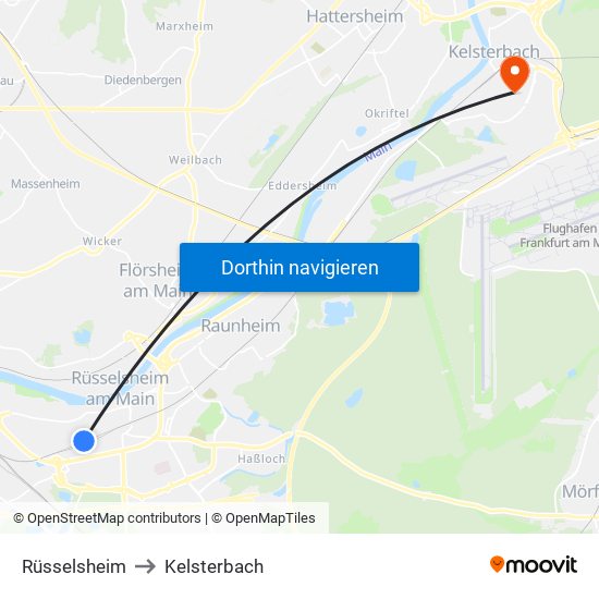 Rüsselsheim to Kelsterbach map