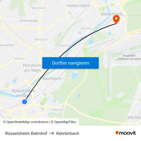 Rüsselsheim Bahnhof to Kelsterbach map