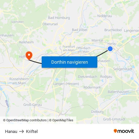 Hanau to Kriftel map