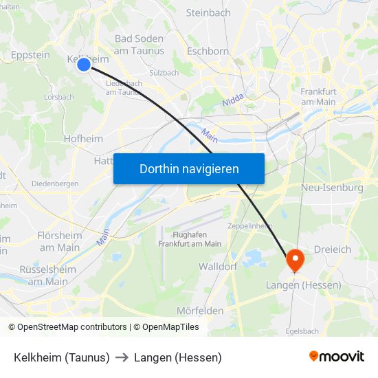 Kelkheim (Taunus) to Langen (Hessen) map