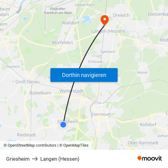 Griesheim to Langen (Hessen) map