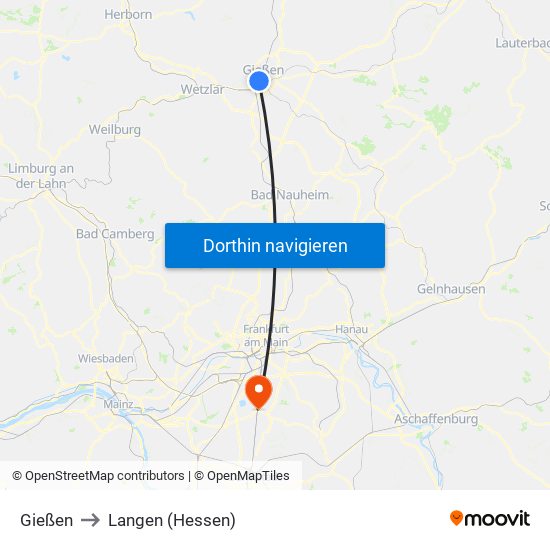 Gießen to Langen (Hessen) map
