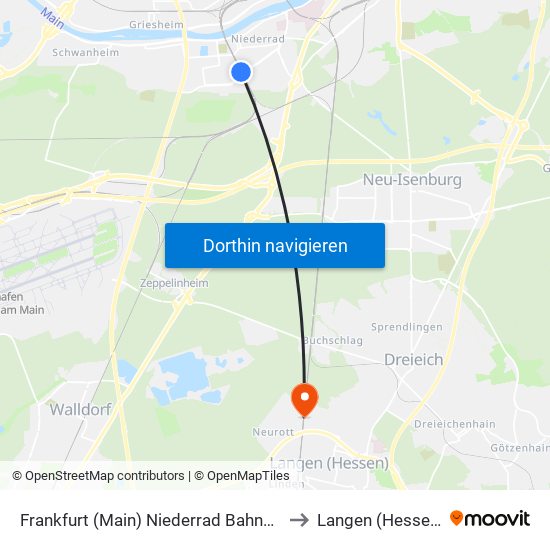 Frankfurt (Main) Niederrad Bahnhof to Langen (Hessen) map