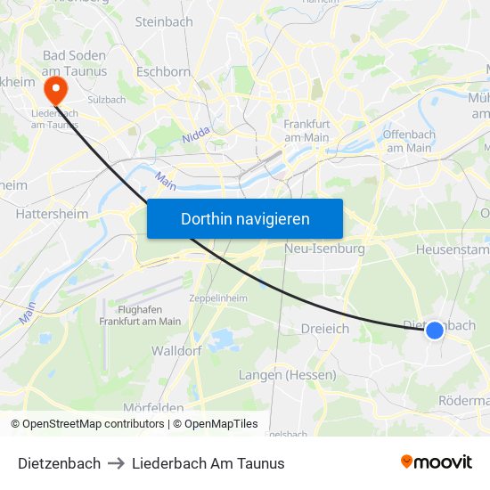 Dietzenbach to Liederbach Am Taunus map