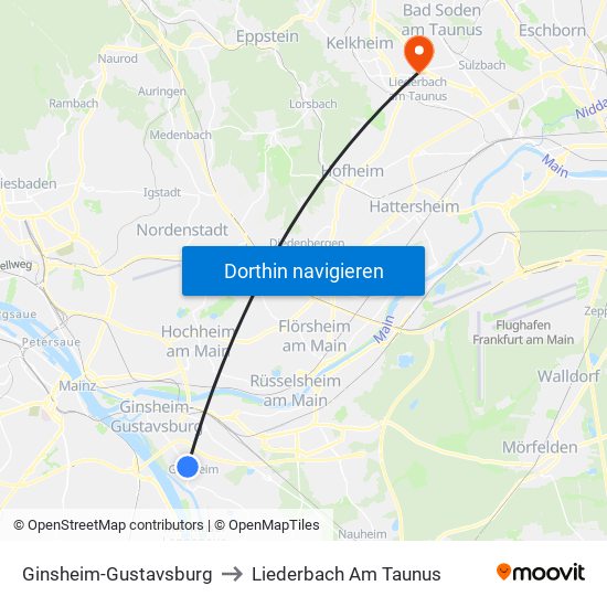 Ginsheim-Gustavsburg to Liederbach Am Taunus map