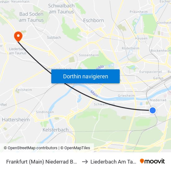 Frankfurt (Main) Niederrad Bahnhof to Liederbach Am Taunus map