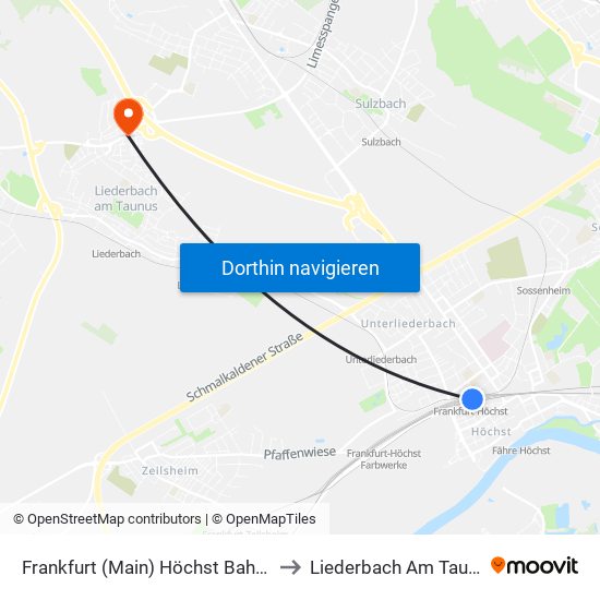 Frankfurt (Main) Höchst Bahnhof to Liederbach Am Taunus map