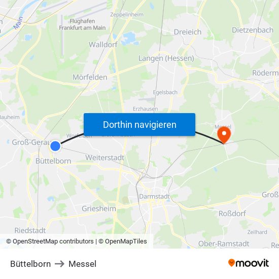 Büttelborn to Messel map