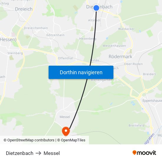 Dietzenbach to Messel map