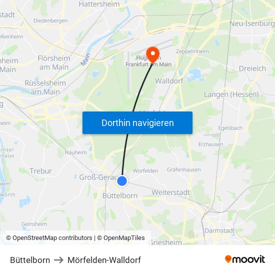 Büttelborn to Mörfelden-Walldorf map