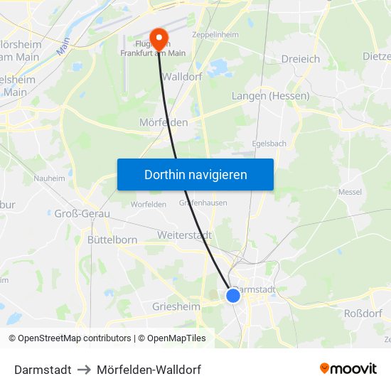 Darmstadt to Mörfelden-Walldorf map