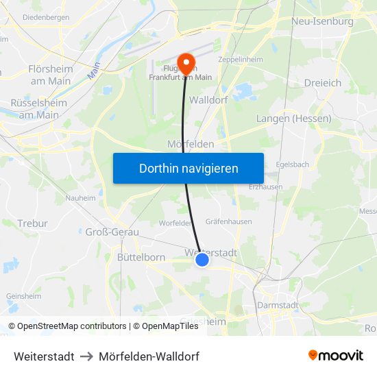 Weiterstadt to Mörfelden-Walldorf map