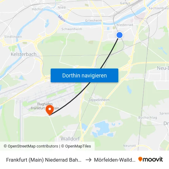 Frankfurt (Main) Niederrad Bahnhof to Mörfelden-Walldorf map