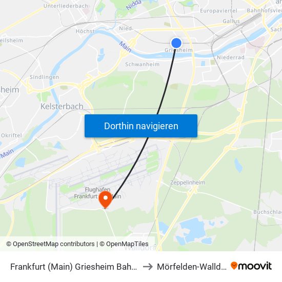 Frankfurt (Main) Griesheim Bahnhof to Mörfelden-Walldorf map