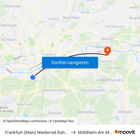 Frankfurt (Main) Niederrad Bahnhof to Mühlheim Am Main map