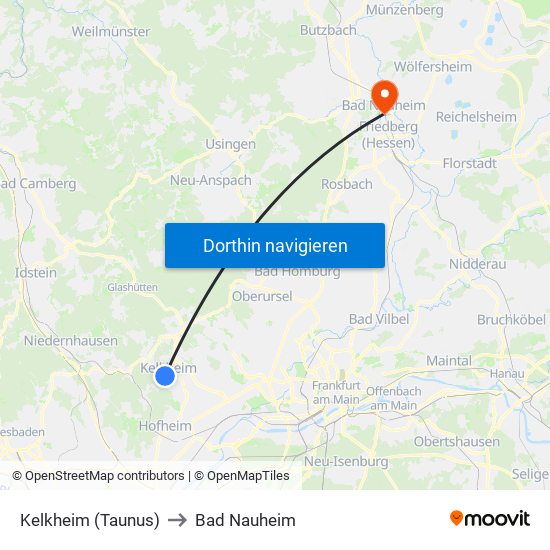 Kelkheim (Taunus) to Bad Nauheim map