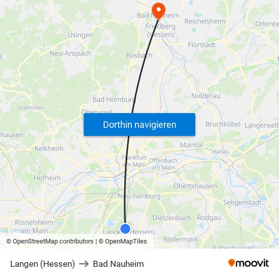 Langen (Hessen) to Bad Nauheim map
