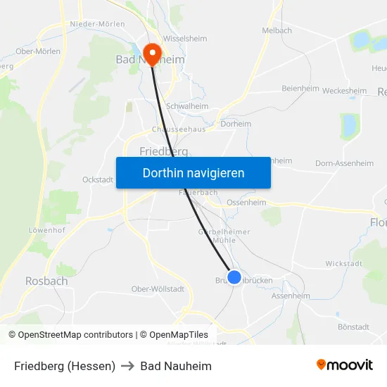 Friedberg (Hessen) to Bad Nauheim map
