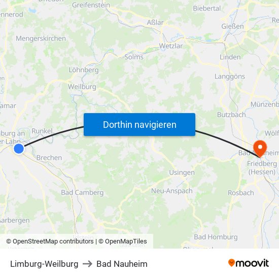 Limburg-Weilburg to Bad Nauheim map