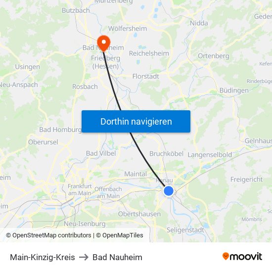 Main-Kinzig-Kreis to Bad Nauheim map