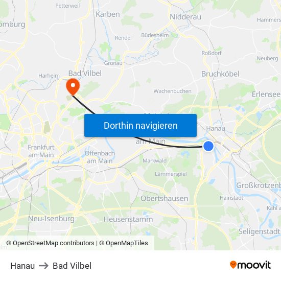 Hanau to Bad Vilbel map