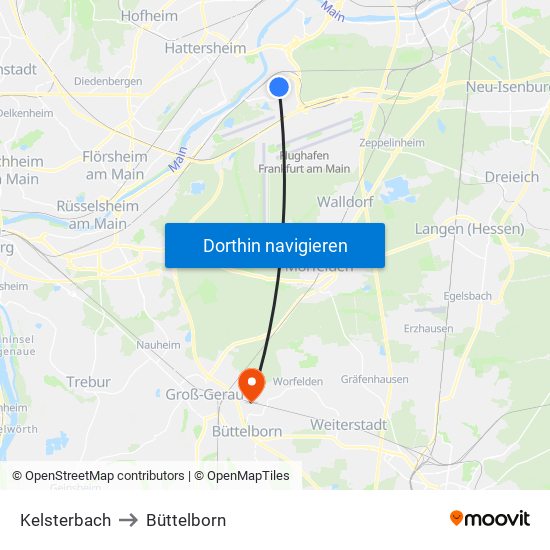 Kelsterbach to Büttelborn map